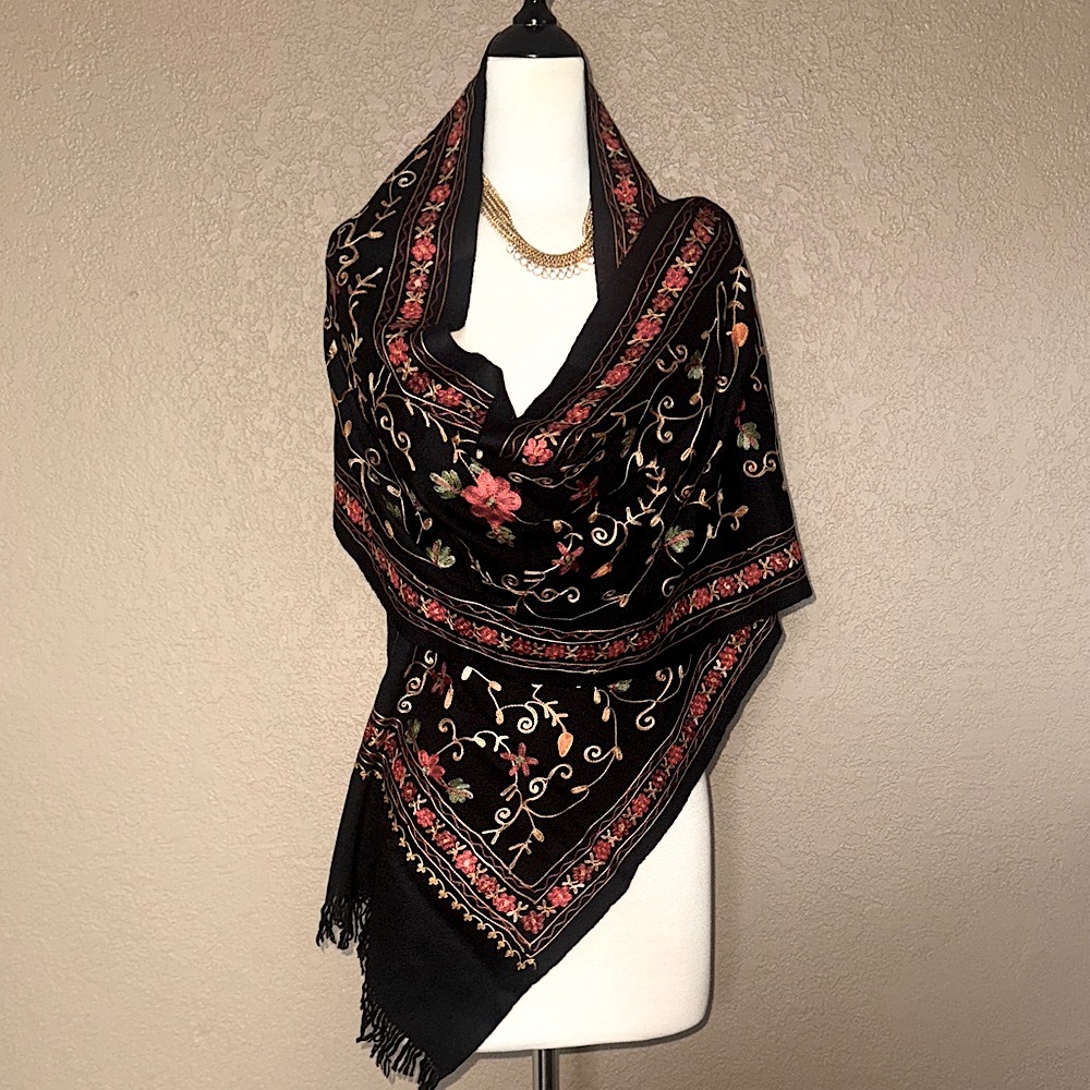 Gorgeous Elegant Black Floral Embroidered Scarf